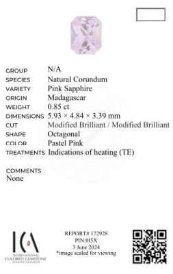 Certificate Rosafarbener saphir im strahlenschliff, 0,85 karat, Madagaskar