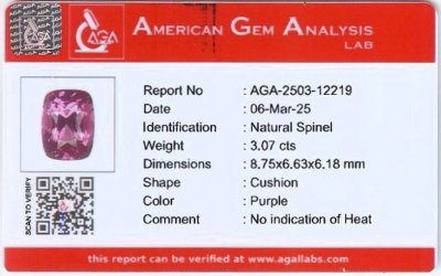 Certificate Spinelle violet taille coussin de 3,07 carats, Tanzanie