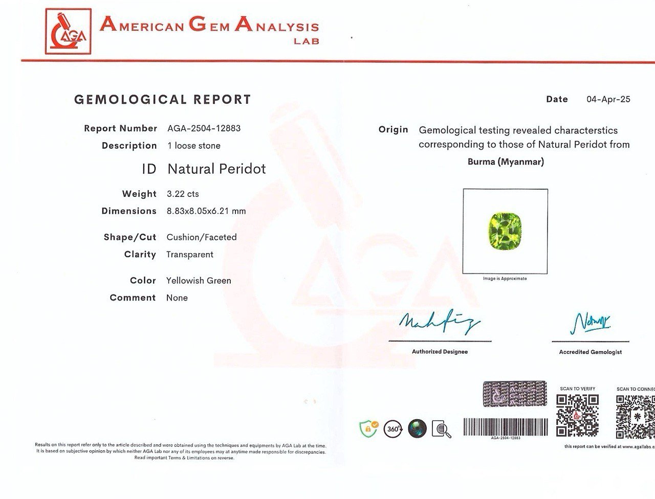 Peridoto de talla cojín de 3,22 carats, de Birmania Image №6