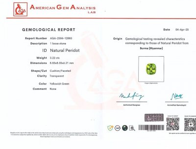 Certificate Peridoto de talla cojín de 3,22 carats, de Birmania
