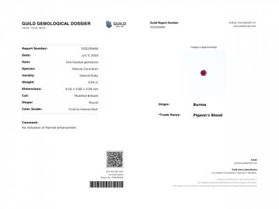 Certificate Rubis sang de pigeon non chauffé, taille ronde, 0,94 carat, Birmanie