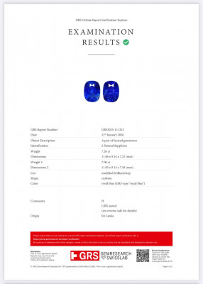 Certificate Une paire de saphirs bleu royal taille coussin de 14,26 carats, du Sri Lanka 