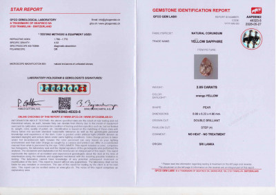 Certificate Unheated orangy-yellow sapphire in pear cut  2.05 carats, Sri Lanka