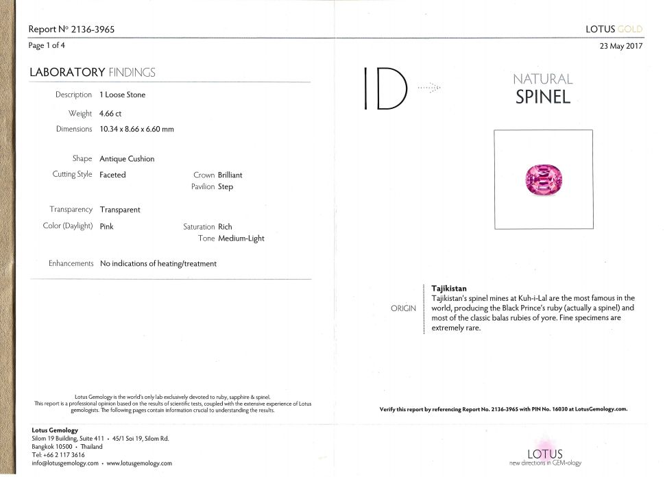 Certificate Pamir pink spinel 4.66 ct Lotus