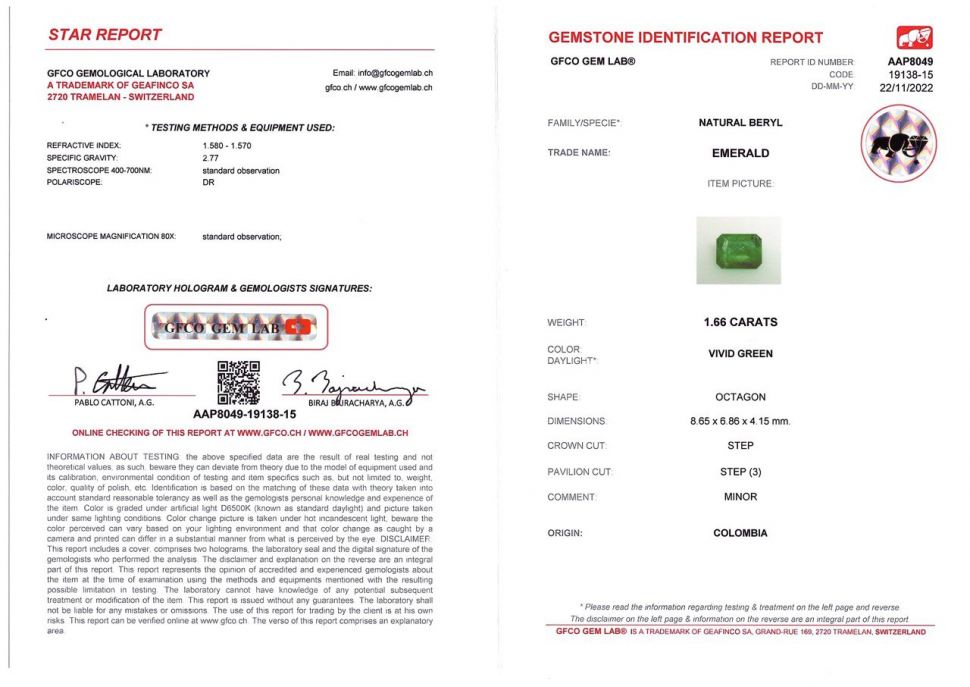 Certificate Intense Colombian Vivid Green emerald octagon cut 1.66 ct