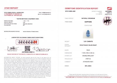 Certificate Saphir bleu bleuet du Sri Lanka en taille poire 3,51 carats