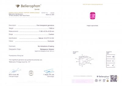 Certificate Saphir rose taille coussin non chauffé 7,05 carats, Madagascar