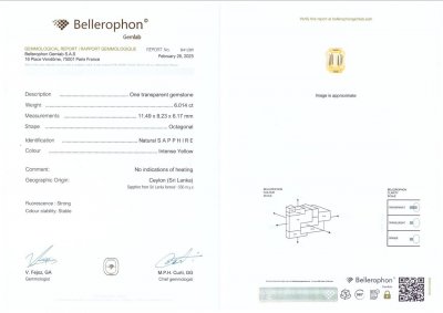 Certificate Zafiro amarillo intenso de talla octagonal sin calentar de 6,01 ct, Sri Lanka