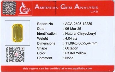 Certificate Gelber chrysoberyll im achteckschliff 4,04 carats, Madagaskar