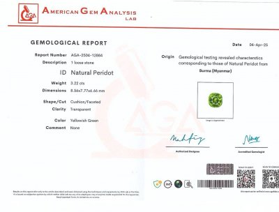 Certificate Peridoto de talla cojín de 3,22 ct, de Birmania 