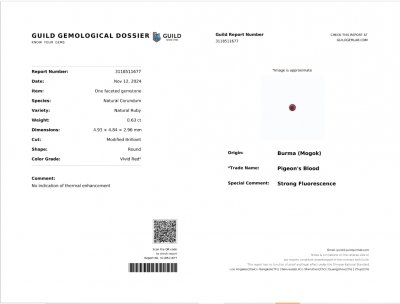 Certificate Rubis sang de pigeon non chauffé, taille ronde, 0,63 carats, Birmanie (Mogok)