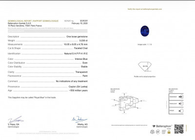 Certificate Saphir ovale bleu royal non chauffé 3,23 carats, Sri Lanka