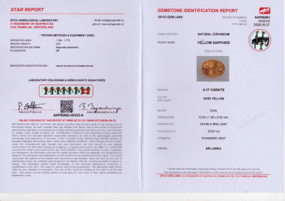 Certificate Lot #8. Sapphire Vivid Yellow - Golden in oval cut 4.17 carats, Sri Lanka