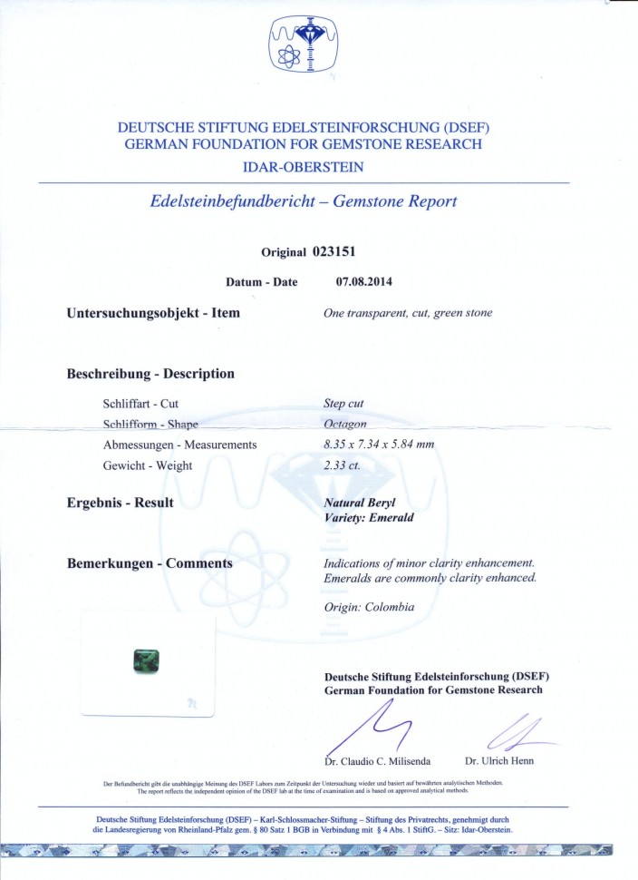 Certificate Set of Colombian emeralds 4.52, сt