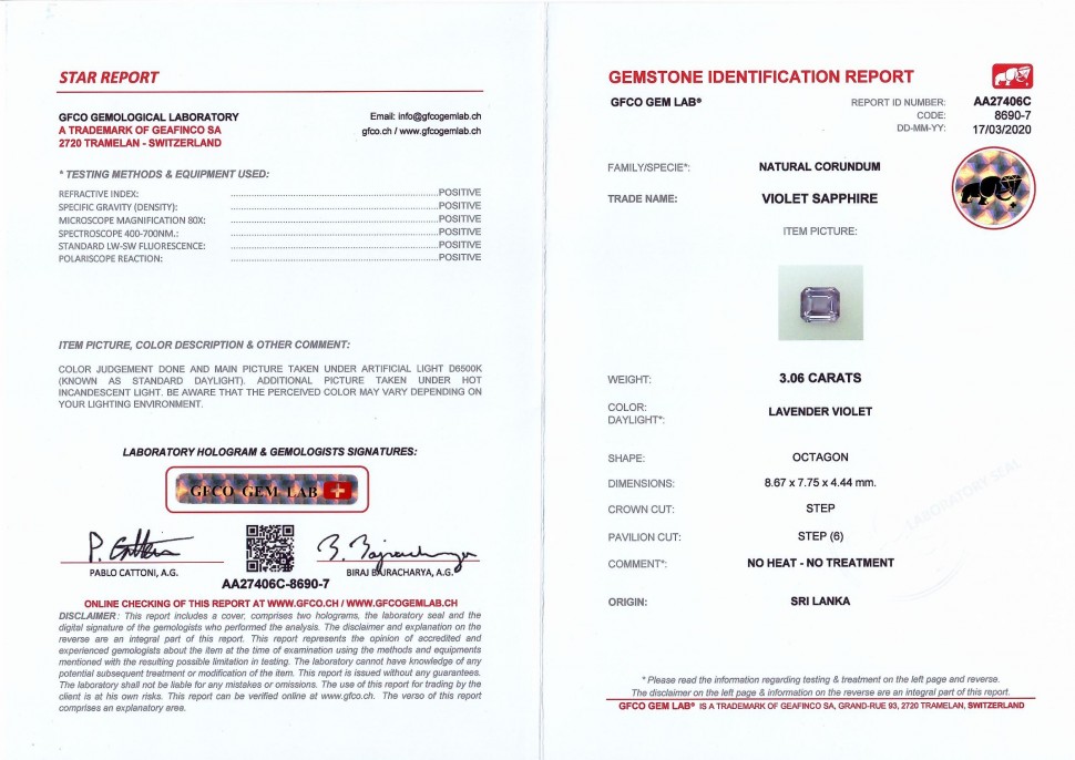 Certificate Unheated purple sapphire 3.06 carats, Sri Lanka
