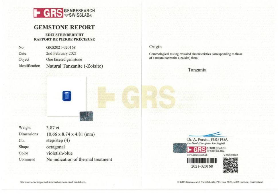 Certificate Natural octagon cut tanzanite 3.81 ct, GRS