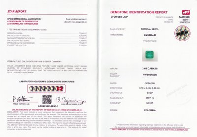 Certificate Octagon emerald 3.66 ct, Colombia, GFCO