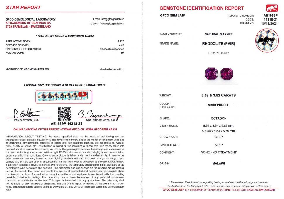 Certificate Pair of octagon-cut umbalites 7.10 ct, Malawi