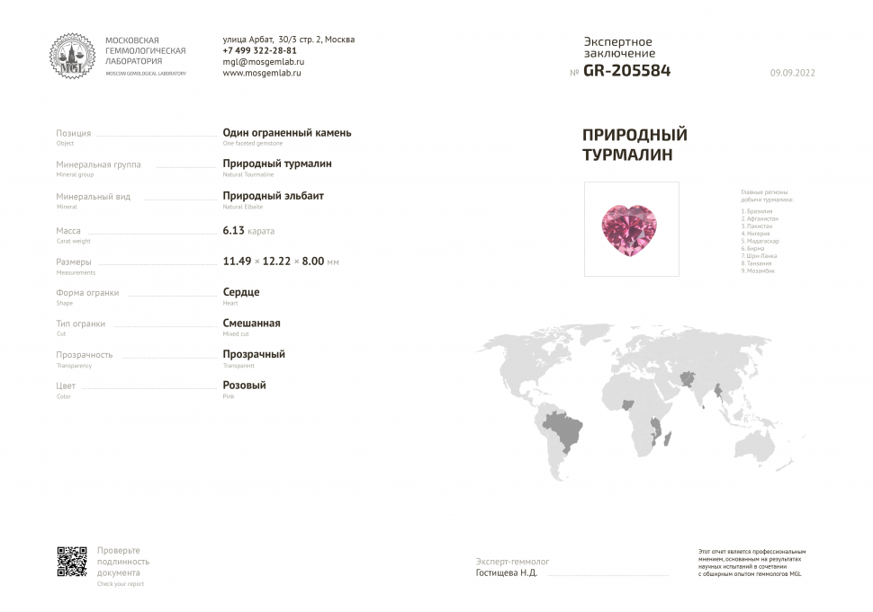 Certificate Intense pink heart-cut tourmaline 6.13 ct