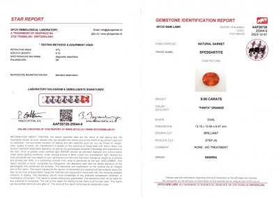 Certificate Grande spessartine taille ovale 9,06 carats, Afrique