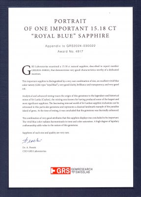 Certificate Saphir bleu paon taille coussin unique 15,18 carats, Sri Lanka