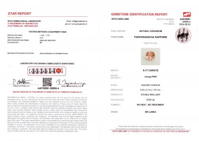 Certificate Saphir Padparadscha de Ceylan de collection, non chauffé, taille coussin 6,17 carats, SSEF