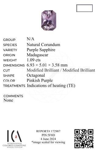 Saphir violet taille radiant 1,09 carats, Madagascar  Image №6