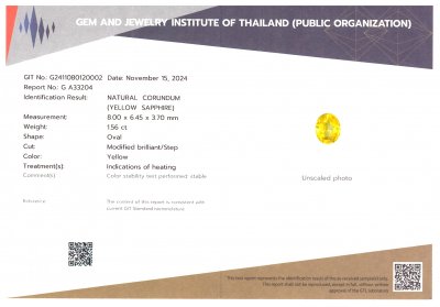 Certificate Zafiro amarillo (Vivid Yelow) de talla ovalada de 1,56 quilates, Sri Lanka 