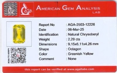 Certificate Yellow green chrysoberyl radiant cut 2.29 carats, Madagascar