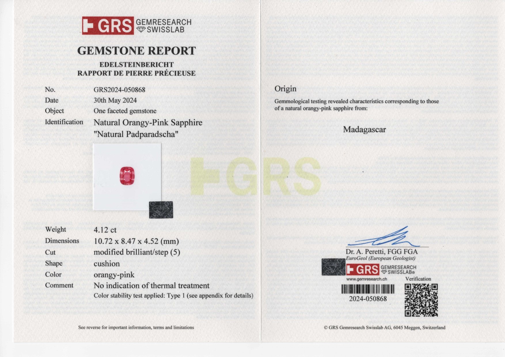 Zafiro Padparadscha de talla cojín sin calentar, 4,12 quilates, Madagascar Image №6