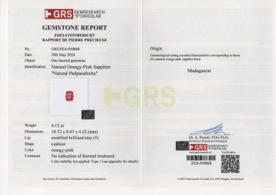 Certificate Zafiro Padparadscha de talla cojín sin calentar, 4,12 quilates, Madagascar