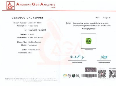 Certificate Péridot taille coussin 3,49 ct Birmanie 