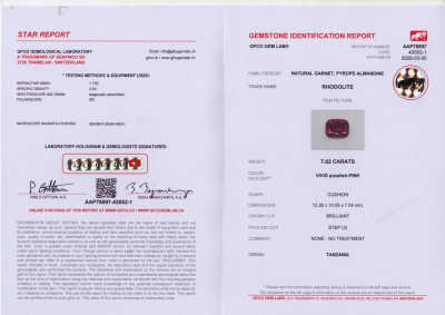 Certificate Grenat rhodolite taille coussin de 7,62 carats provenant de Tanzanie