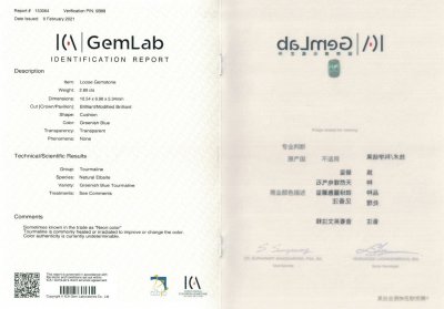 Certificate Indicolite intense 2,89 ct, Afghanistan, ICA