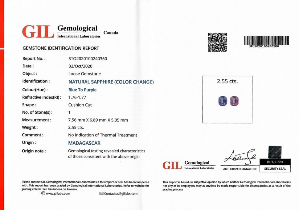 Certificate Unheated color change purple sapphire 2.55 ct, Madagascar
