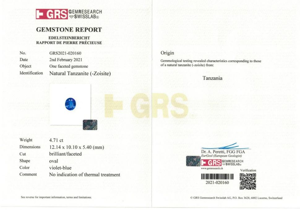 Certificate Bright natural tanzanite, oval cut, 4.71 ct, GRS