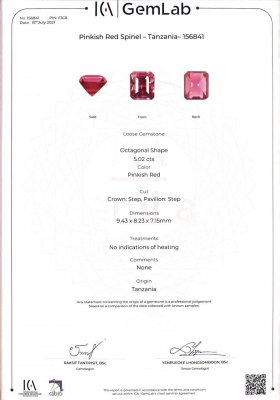 Certificate A rare pink-red spinel Mahenge to cut Octagon 5.02 carats, GRS brilliancy-type Vibrant, ICA Book