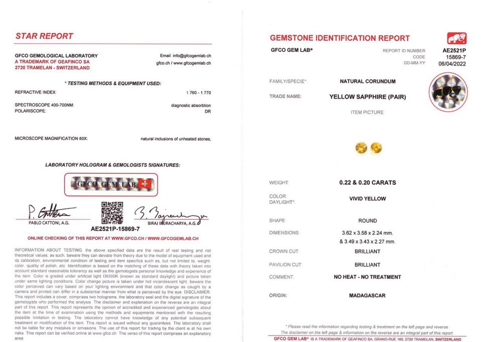 Certificate Set of three unheated greenish yellow sapphires 1.30 ct