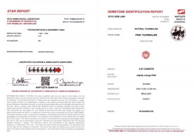 Certificate Orange-pink tourmaline in round cut 3.01 ct, Afghanistan 