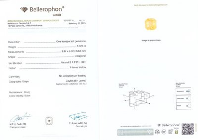 Certificate Zafiro amarillo intenso de talla radiante sin calentar de 5,02 carats, Sri Lanka