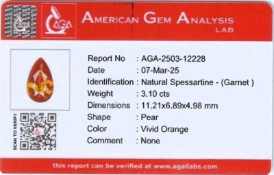 Certificate Granate espesartina talla pera color Fanta de 3,10 quilates, Africa