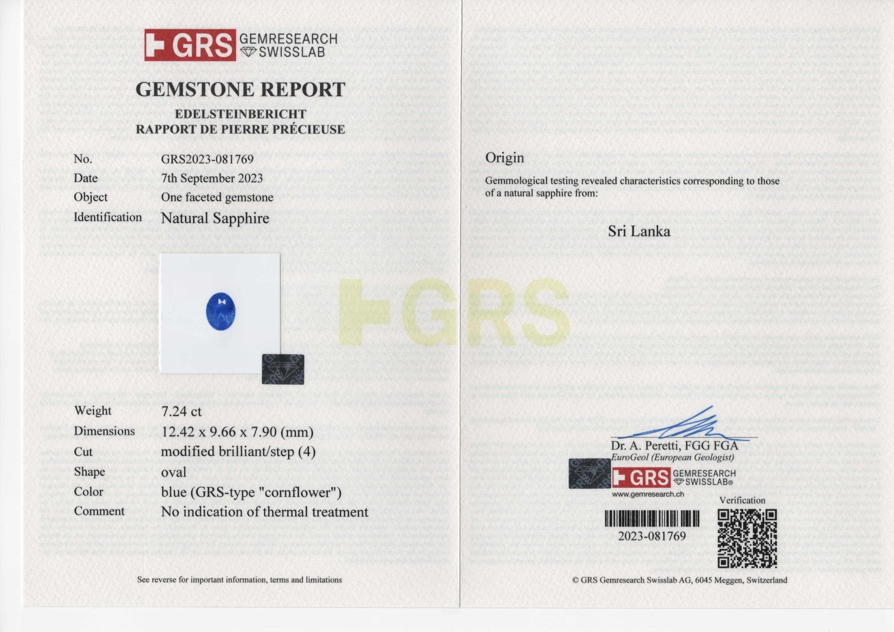 Zafiro azul aciano de talla ovalada sin calentar de 7,24 ct de Sri Lanka Image №6