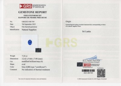 Certificate Zafiro azul aciano de talla ovalada sin calentar de 7,24 ct de Sri Lanka