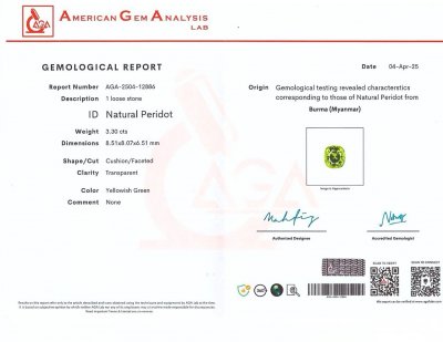 Certificate Peridoto de talla cojín de 3,30 carats, de Birmania