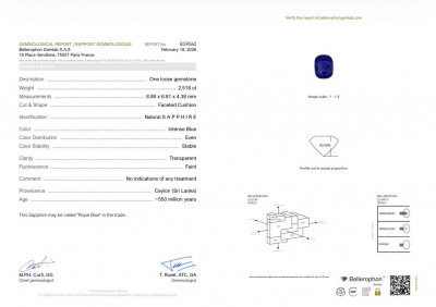 Certificate Saphir bleu royal taille coussin non chauffé, 2,52 carats, Sri Lanka