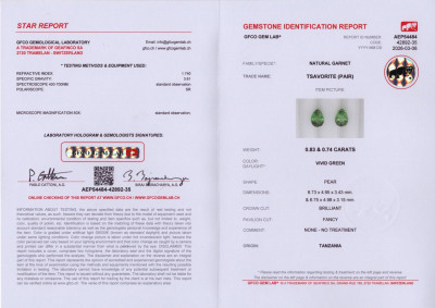 Certificate Pair of tsavorites Vivid Green pear cut 1.57 carats, Tanzania 