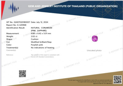 Certificate Saphir rose vif non chauffé, taille coussin, 2,02 carats, Sri Lanka 