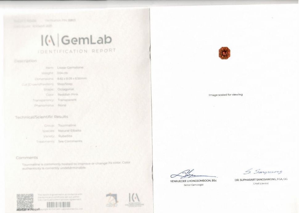 Certificate Intense pink tourmaline 3.04 ct