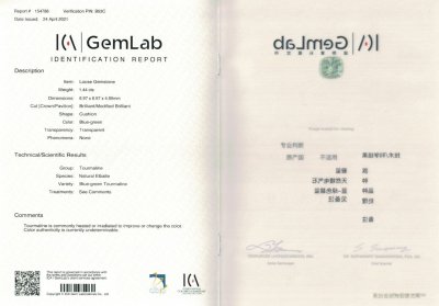 Certificate Neon blue tourmaline 1.44 ct, ICA