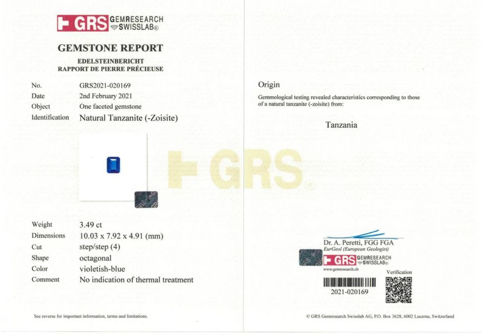 Certificate Unheated tanzanite, octagon cut 3.49 ct, GRS